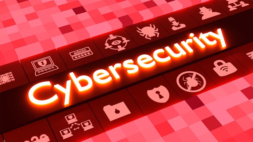 Cubed background in different sizes and red colors aligning to a row of glowing information security icons surrounding the word cybersecurity 3D illustration